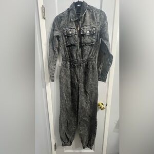 PrettyLittleThing Black Acid Wash Zip Denim Jumpsuit